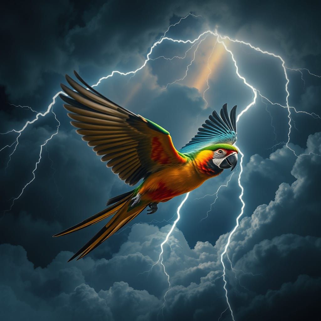 Vibrant Parrot Soars Through Turbulent Skies in a Dynamic Tr...