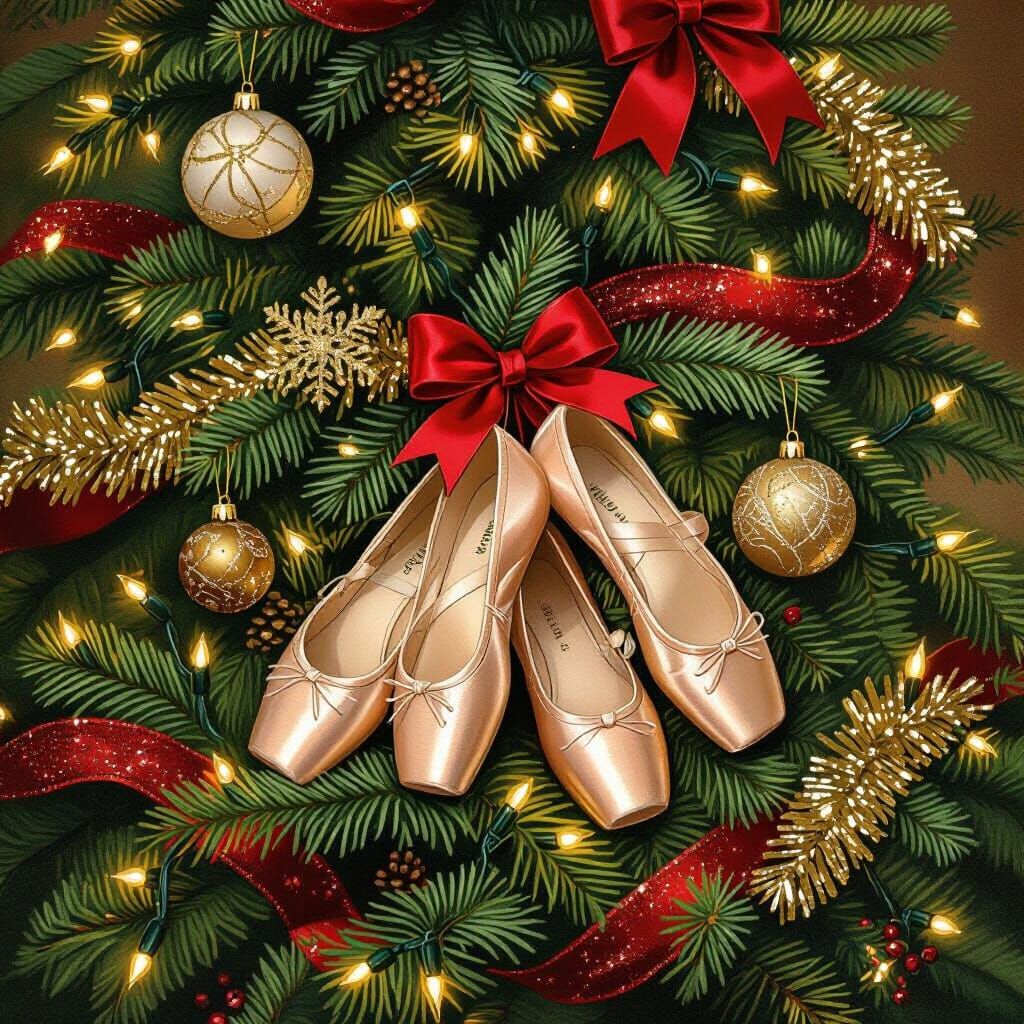 Christmas Tree with Ballet Shoes in Rockwell Style