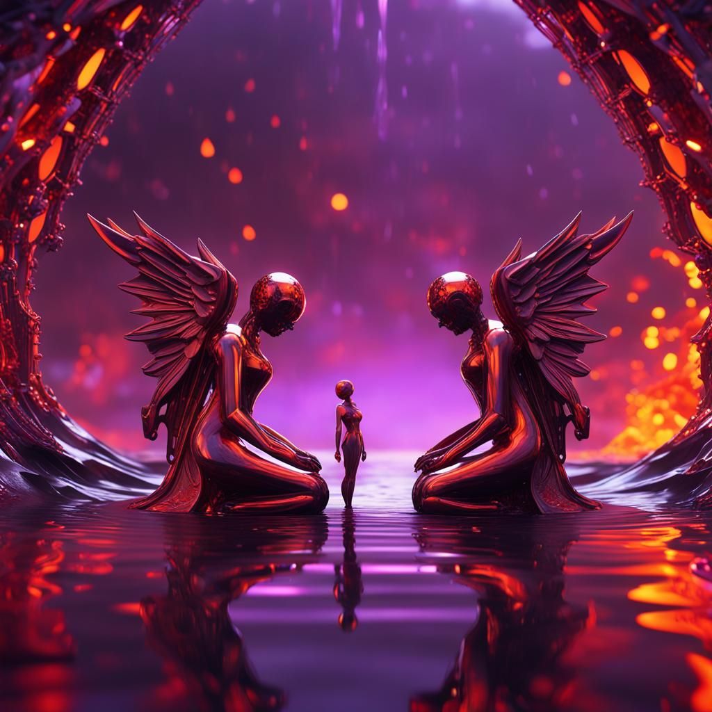 Angels and Demons Embrace in Sci-Fi Landscape
