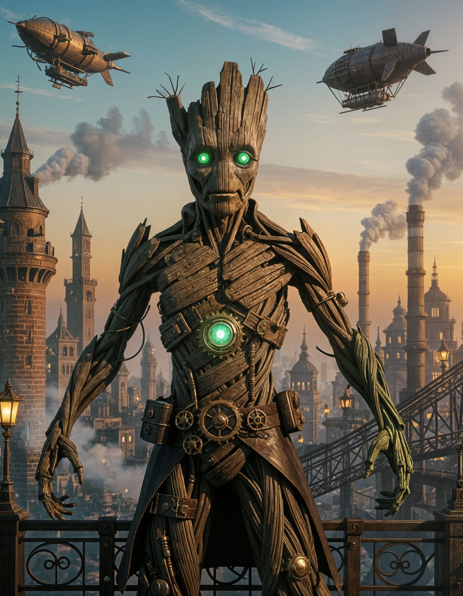 Steampunk Groot Colossus in Fantasy Metropolis