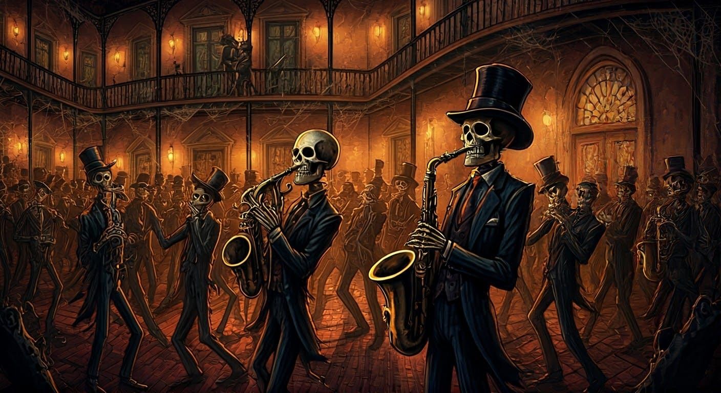 Dark/Macabre/Horror - Skeleton Jazz Band Plays at A Dead Man's Party In A New Orleans Club