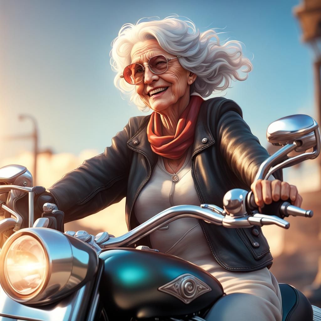 Elderly Woman on Harley: Hyperdetailed Art Portrait