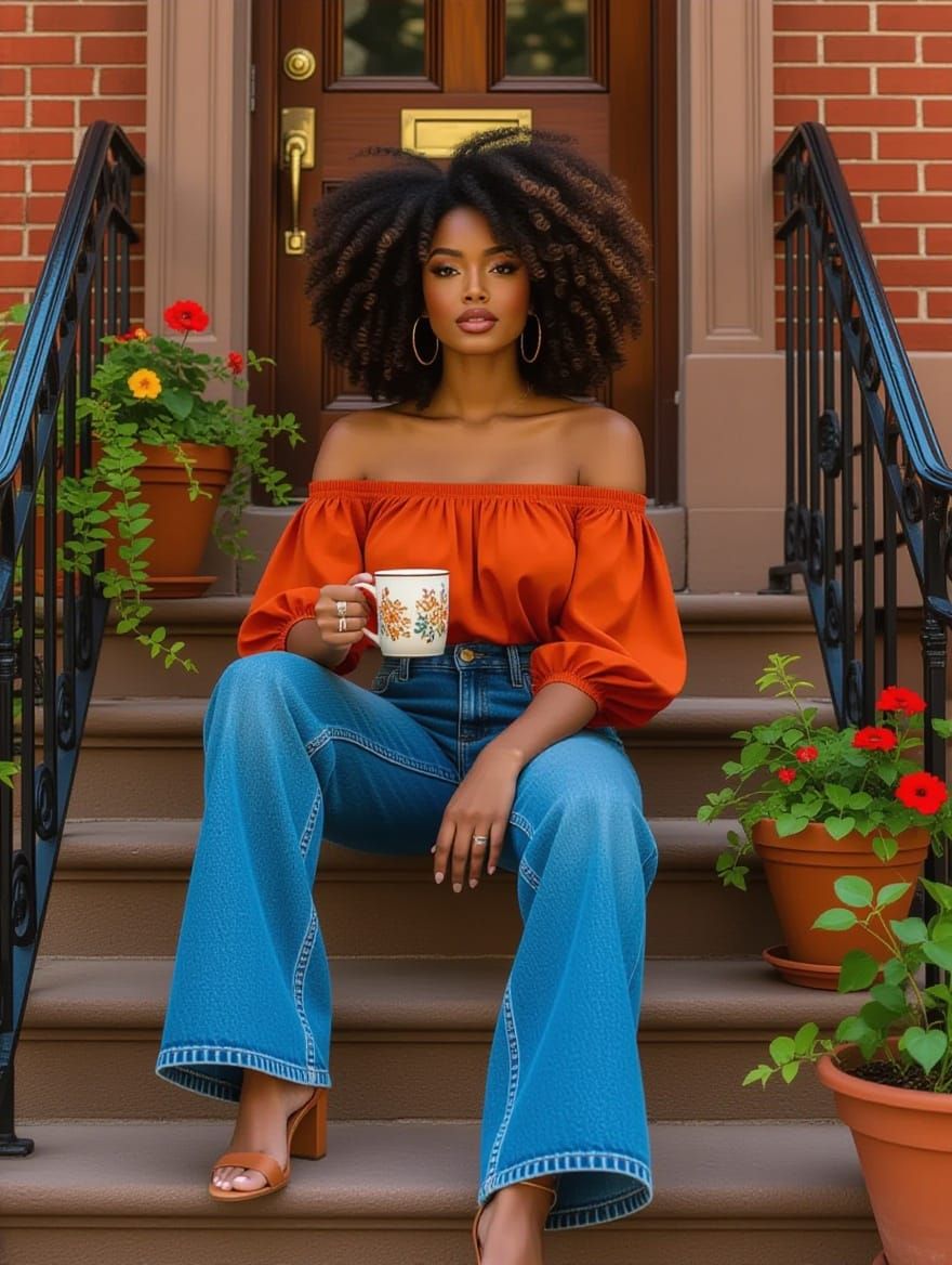 Terracotta Tones: Woman on Brownstone Steps