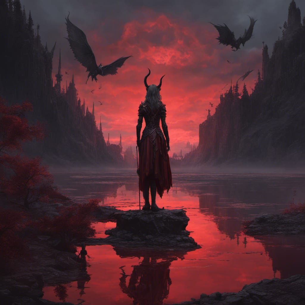 Demon Girl Beside Black Lake: Dark Fantasy Art