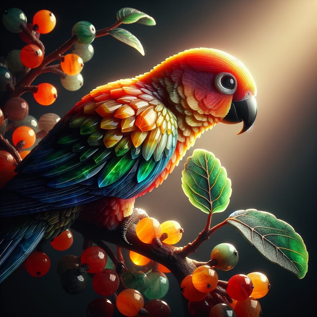 Sphene Sun Conure with Acerola Berries