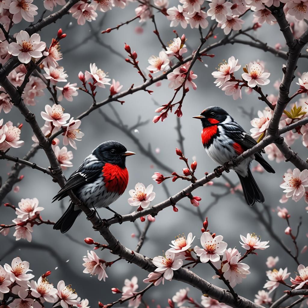 Songbird on Cherry Blossom Branch: Detailed Matte Painting