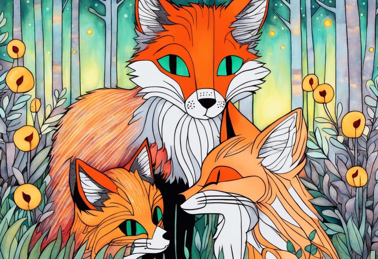 Foxes with cat - playful friends