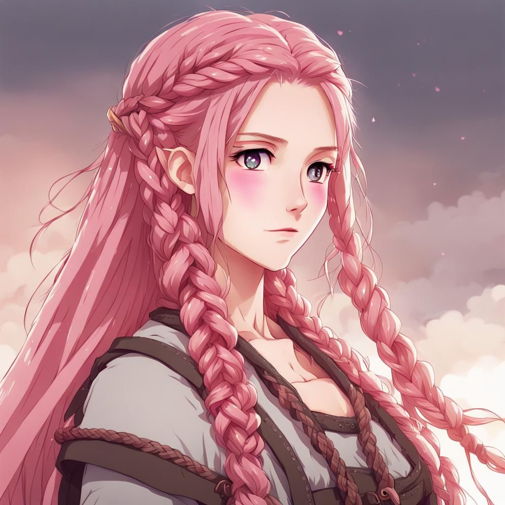 Danish Viking Woman with Pink Hair in Anime Style