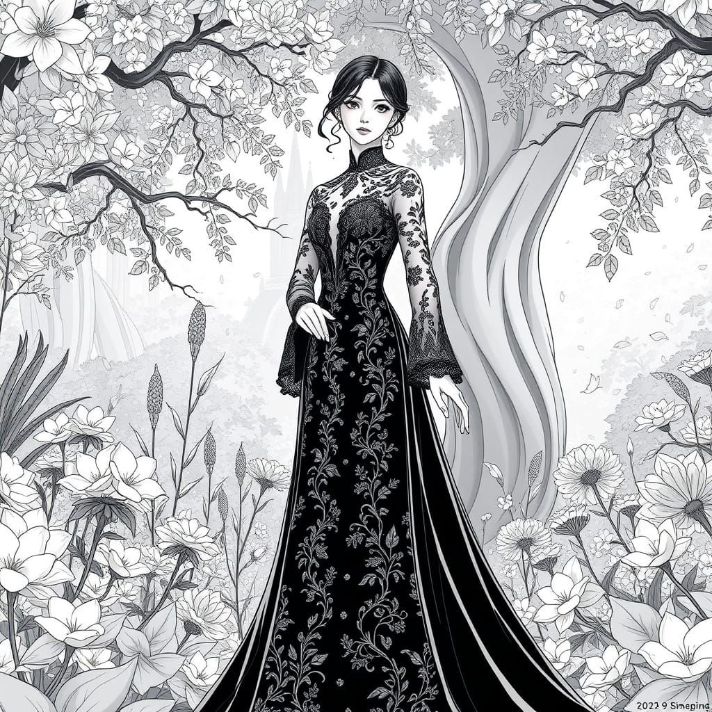 Elegance in a Lush Black and White Garden Scene