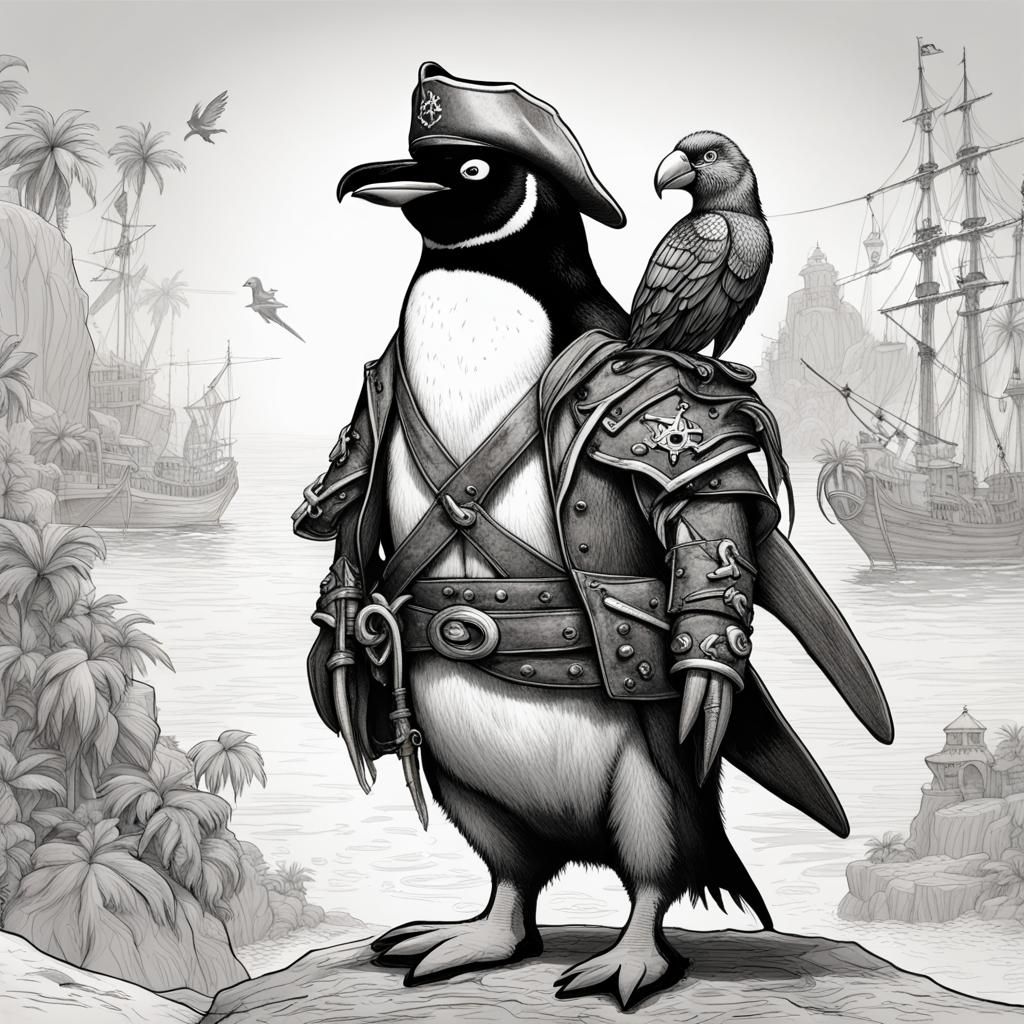 Penguin Pirate with Parrot: Detailed Line Drawing
