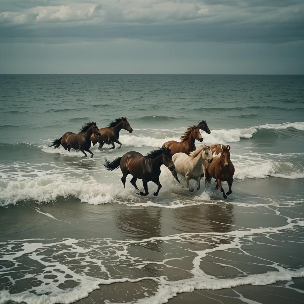 Horses Galloping in Ocean: Cinematic Film Still