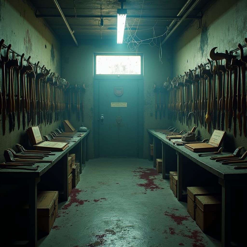 Eerie Hardware Store with Sinister Tools in Dark Surreal Sty...