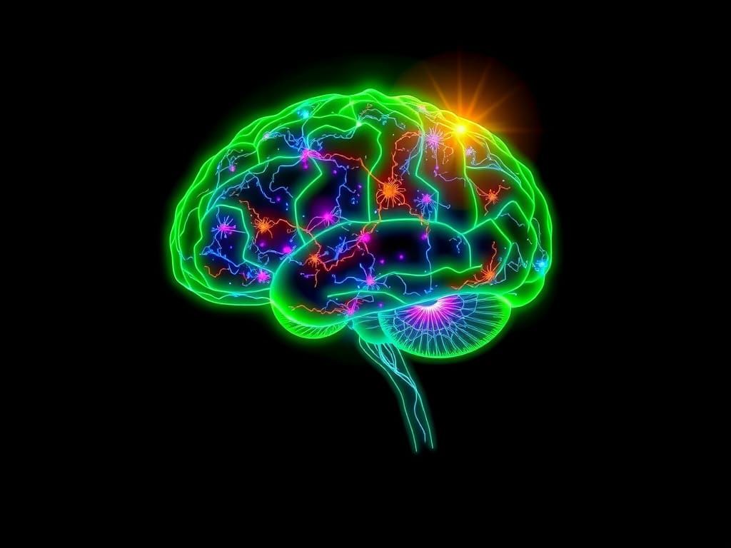 Glowing Human Brain in Neon Green, Revealing Complex Neural ...