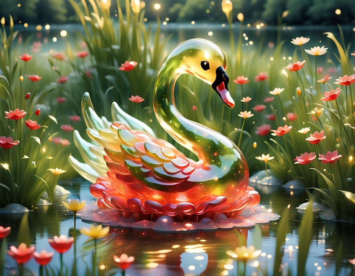 Chibi Jelly Swan Sculpture in Fantasy Forest