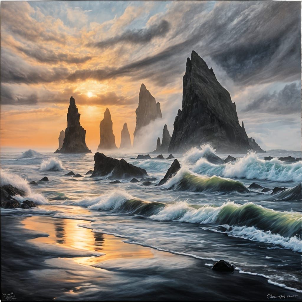 Reynisdrangar Sea Stacks Sunset: Oil Painting