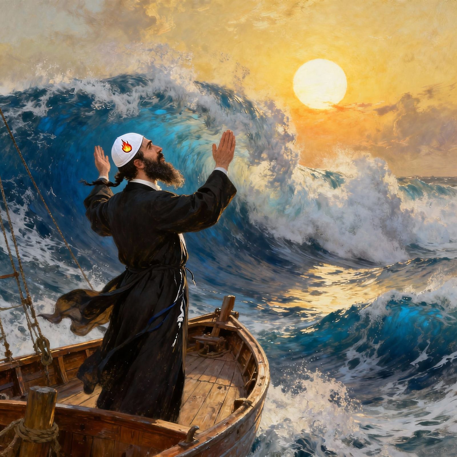 Man in Prayer on Ship Amidst Stormy Seas