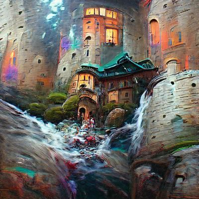 Fantasy Castle with Waterfalls in Digital Illustration Style