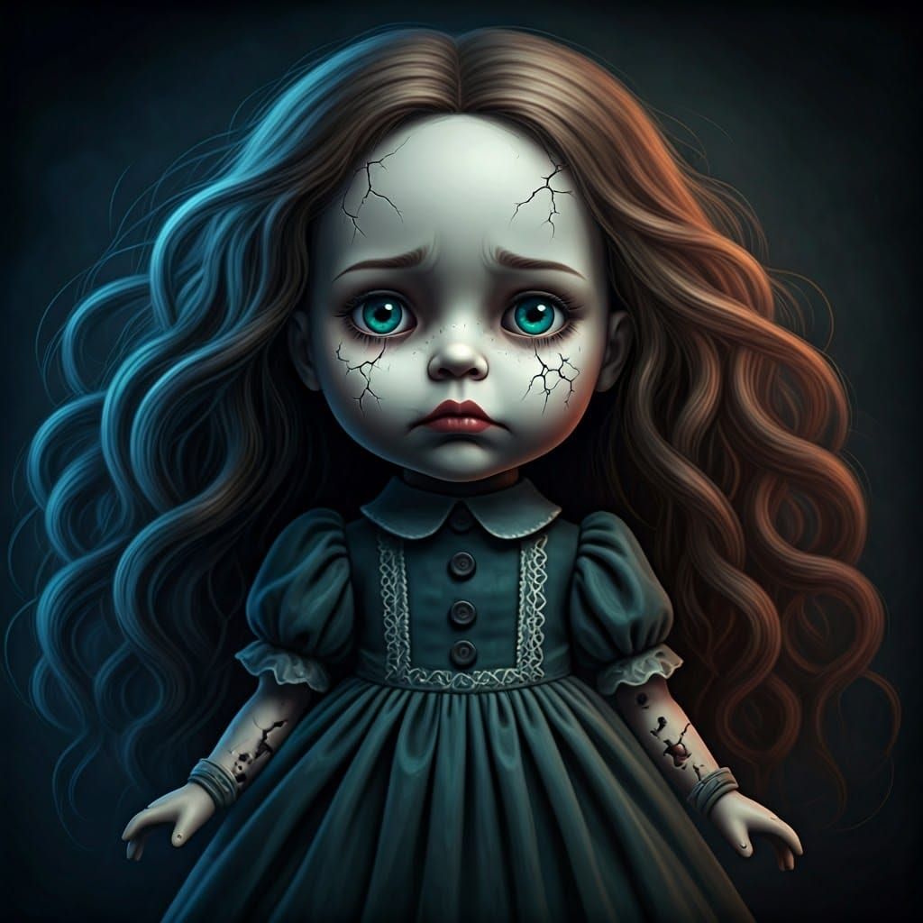 Creepy Cracked Porcelain Doll in Tim Burton Style