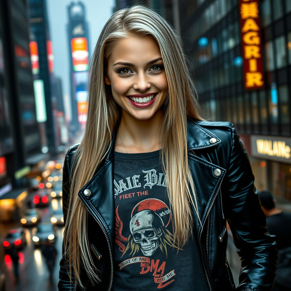 Confident Woman in Rainy Cityscape: Hyperrealistic HDR Photo...