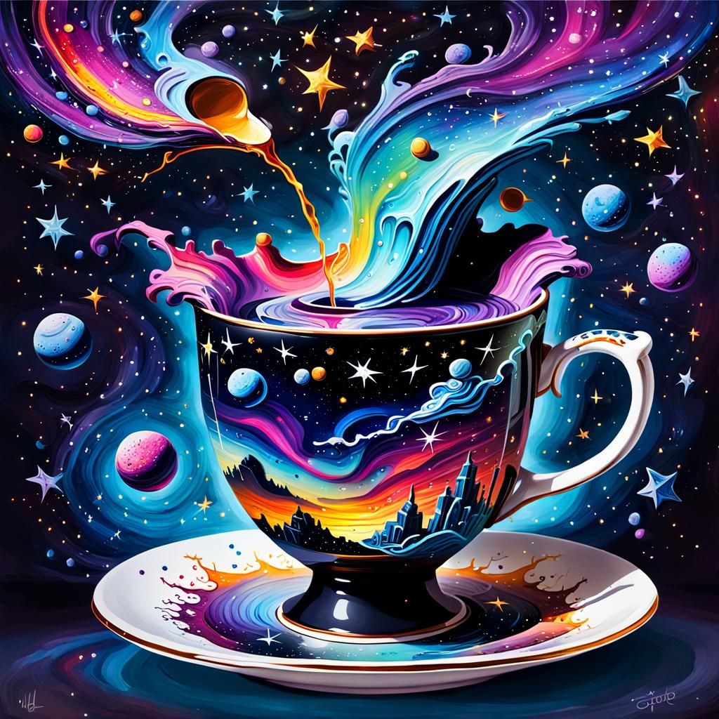 Surreal Graffiti Teacup in Starry Night Sky