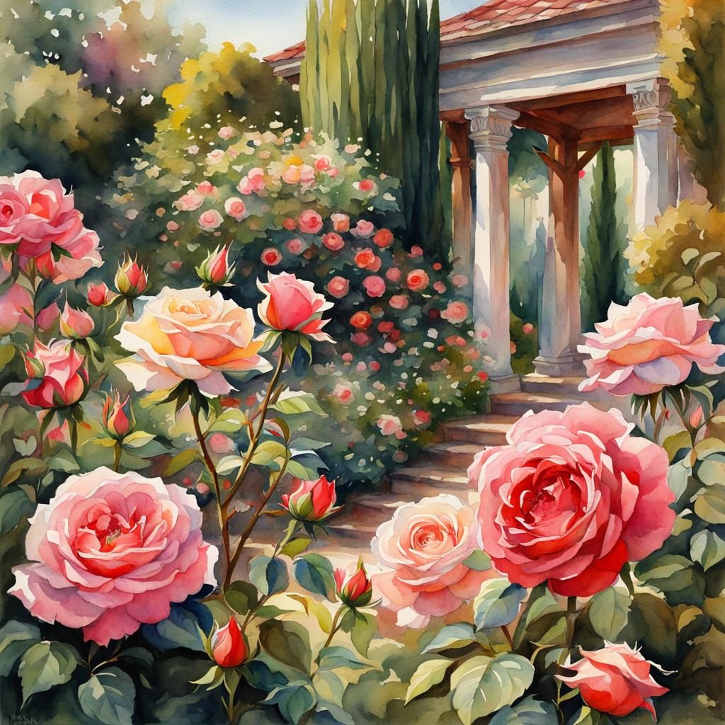 Roses in Garden, Watercolor in Pre-Raphaelite Style