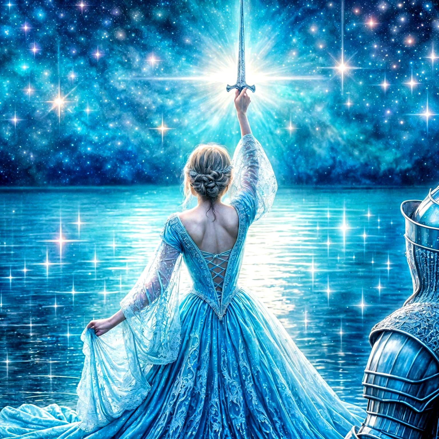 Mystical Lady of the Lake Rises with Excalibur in Celestial...