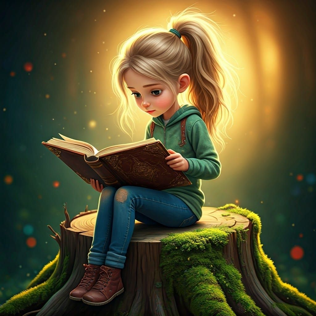 Girl Reading in Whimsical Forest, 3D Computer Art