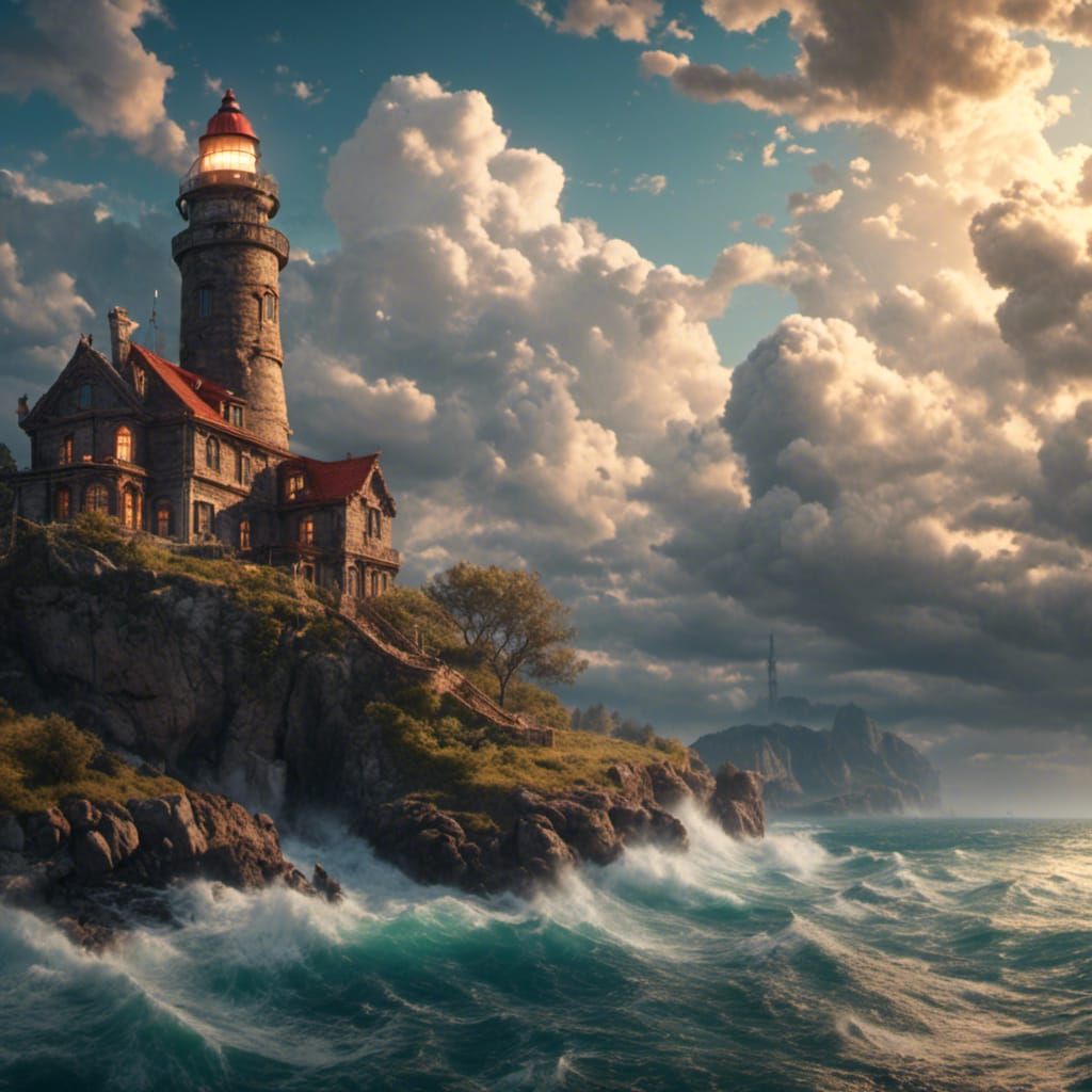Coastal Home with Lighthouse: Detailed Matte Painting