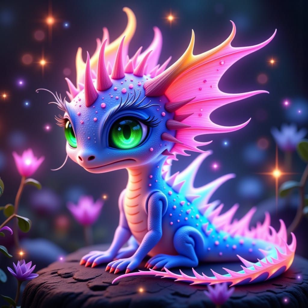 Adorable Neon Dragon Illuminated by Fairy Lights