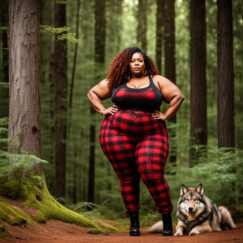 Curvy Woman with Wolf in Elaborate Forest