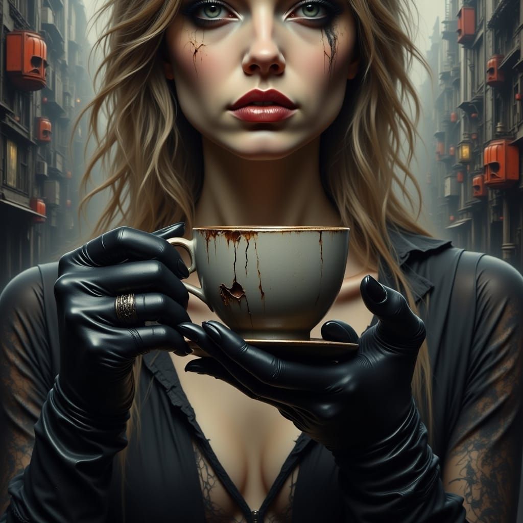 Woman's Hands in Leather Gloves Holding Coffee Cup