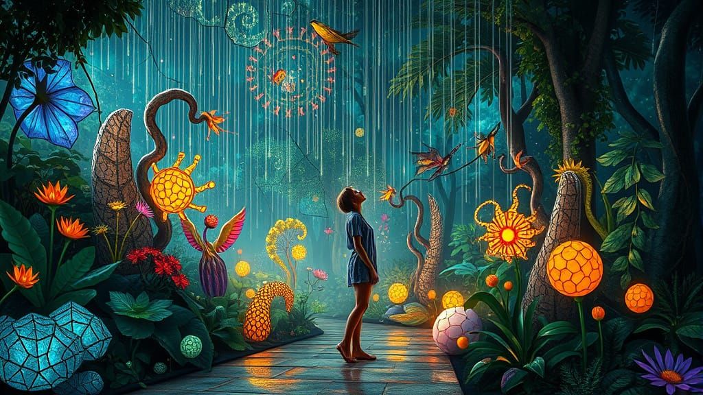 Surreal Stained Glass Garden with Mythical Creatures