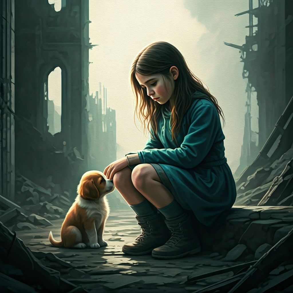Sad Girl and Puppy Comforting on Ruins