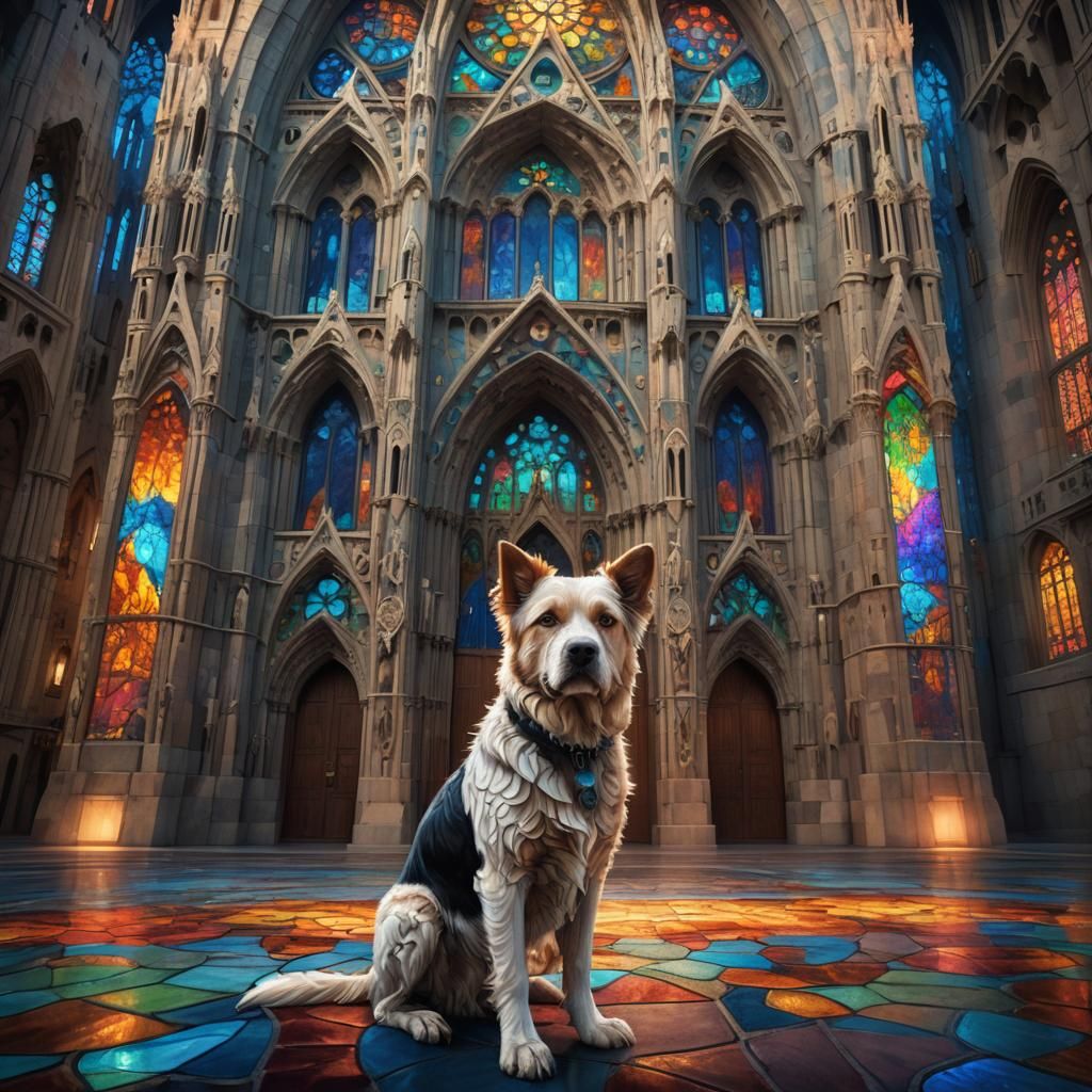 Dog and Fantasy Sagrada Familia in Art Nouveau Style