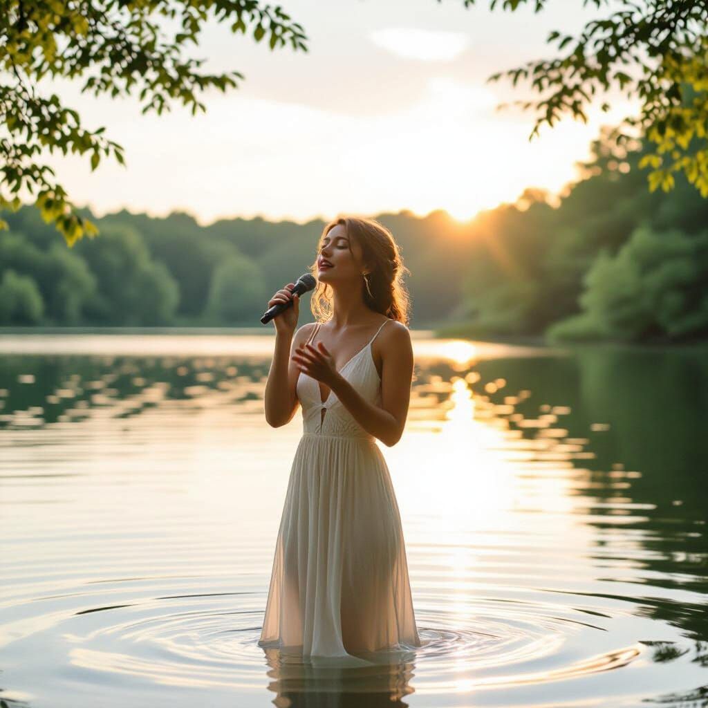 Woman Singing on Lake in Cinematic Style