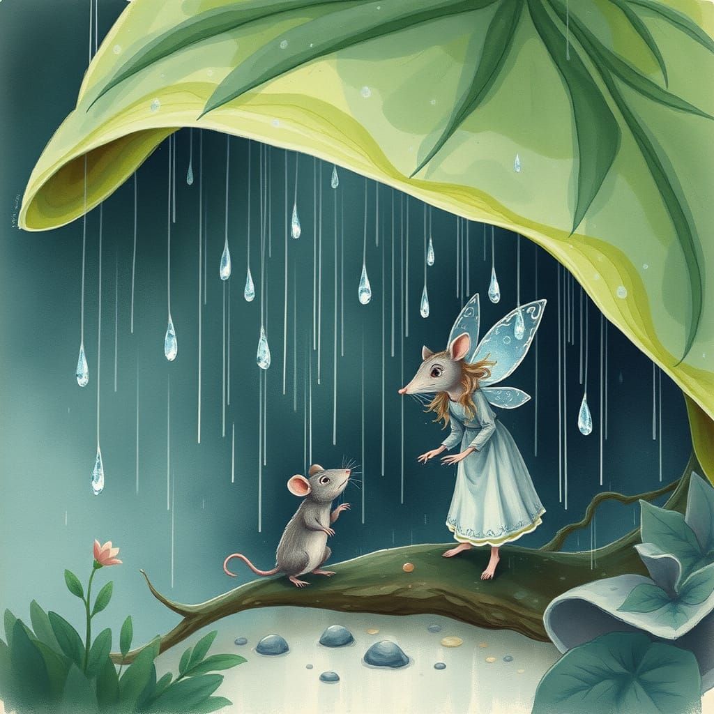 Fairy and Rat Guardian in Rainy Whimsical Scene