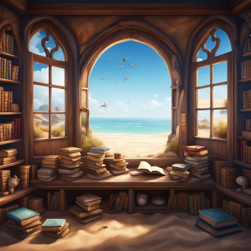 Window Seat Overlooking Sandy Beach: Detailed Matte Painting