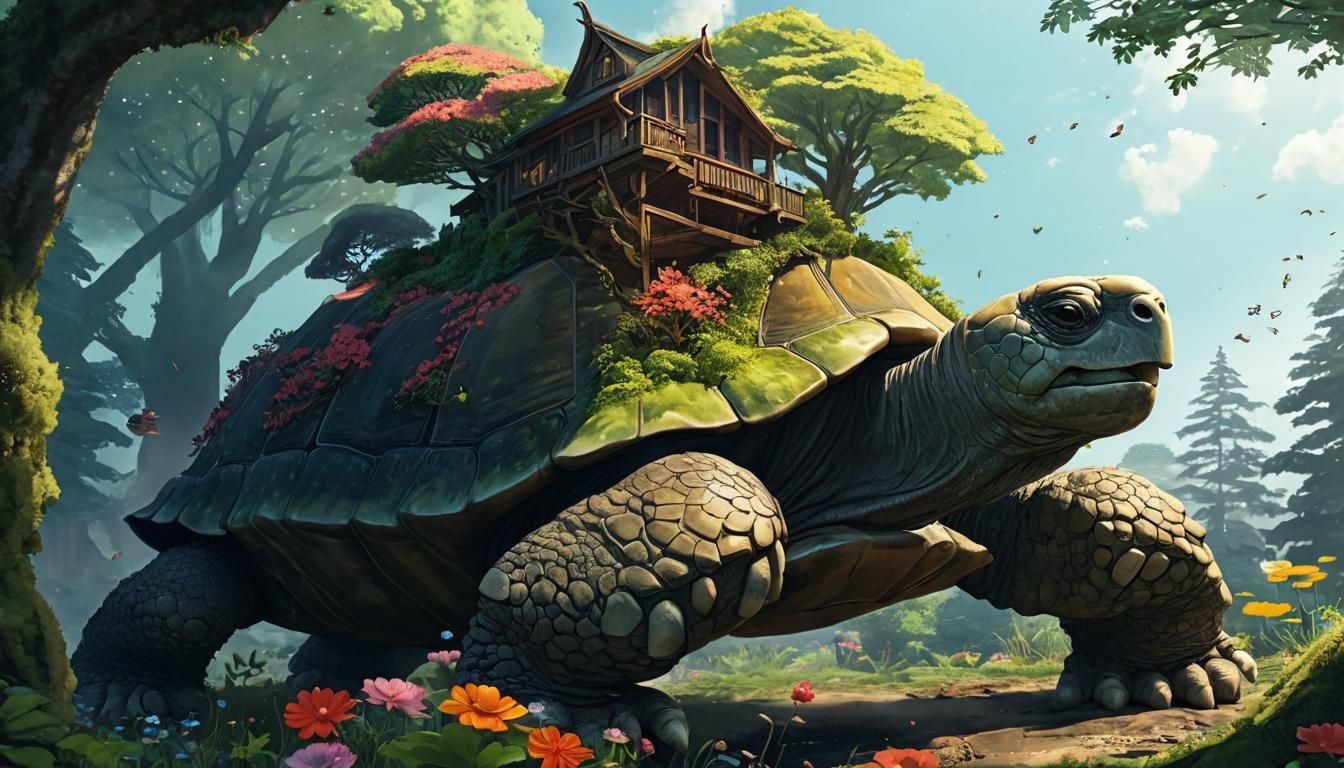 Giant Tortoise Shell Treehouse in Studio Trigger Anime Style
