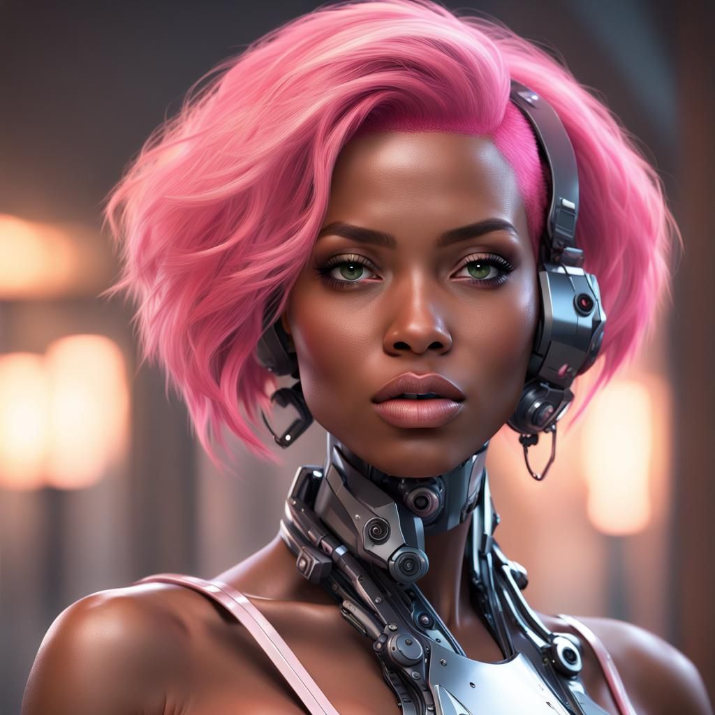 Beautiful black woman supermodel short pink hair robot