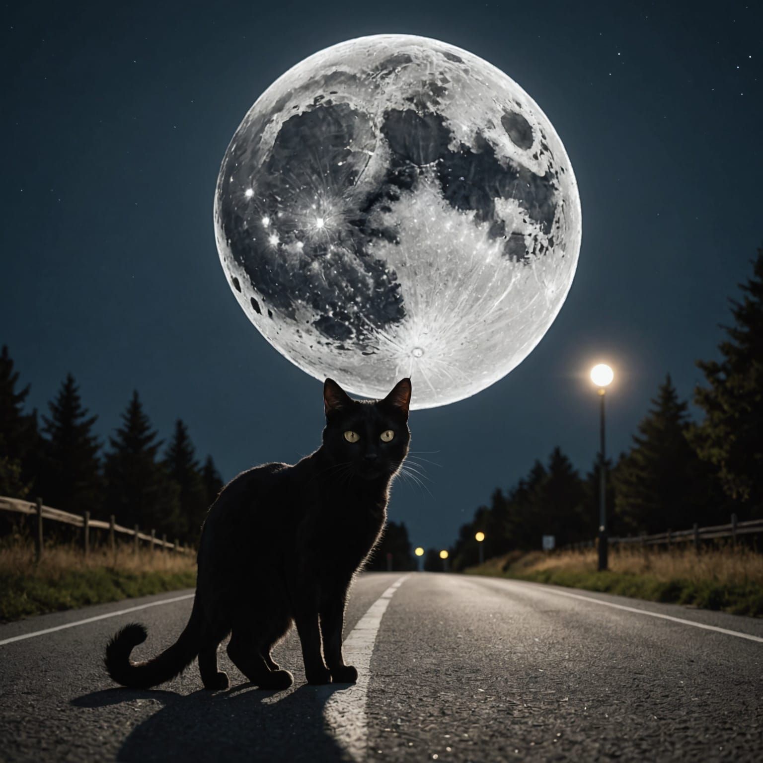 Black Cat Silhouetted by a Full Moon