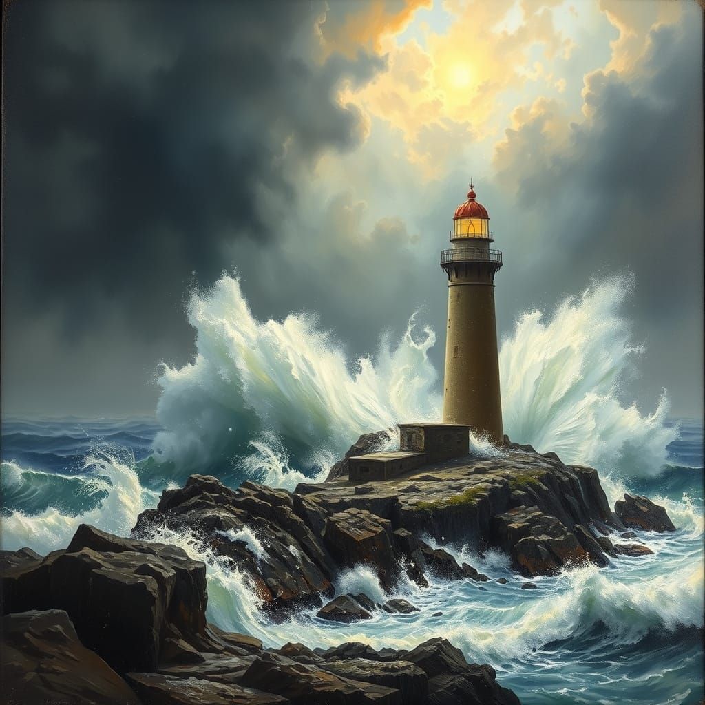 Ancient Lighthouse Battles Tempest in Moody Oil Painting