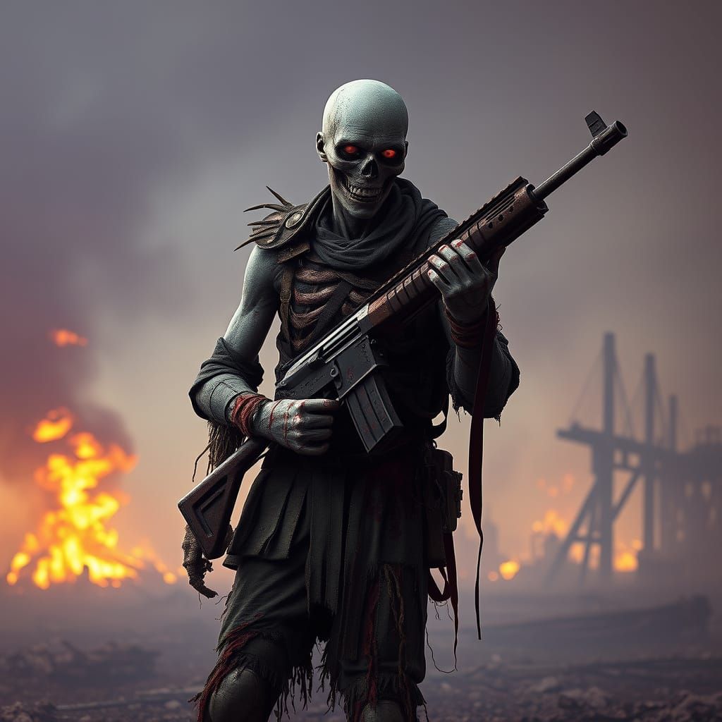 Grim Undead Warrior in Post-Apocalyptic Ruin, Dark Fantasy H...