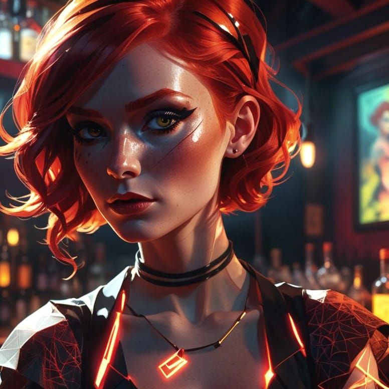 Crimson and Blue Mixed Media Portrait of Redhead