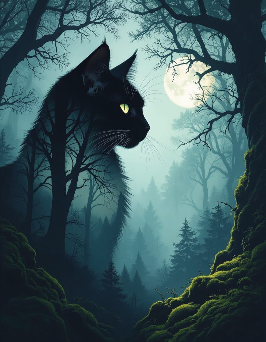 Majestic Cat Silhouette in Mystical Forest Digital Painting