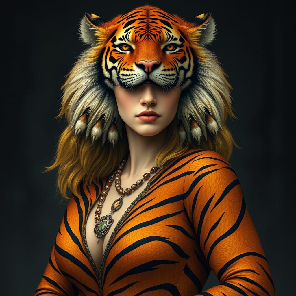Regal Tiger Maiden in Vibrant Striped Fur