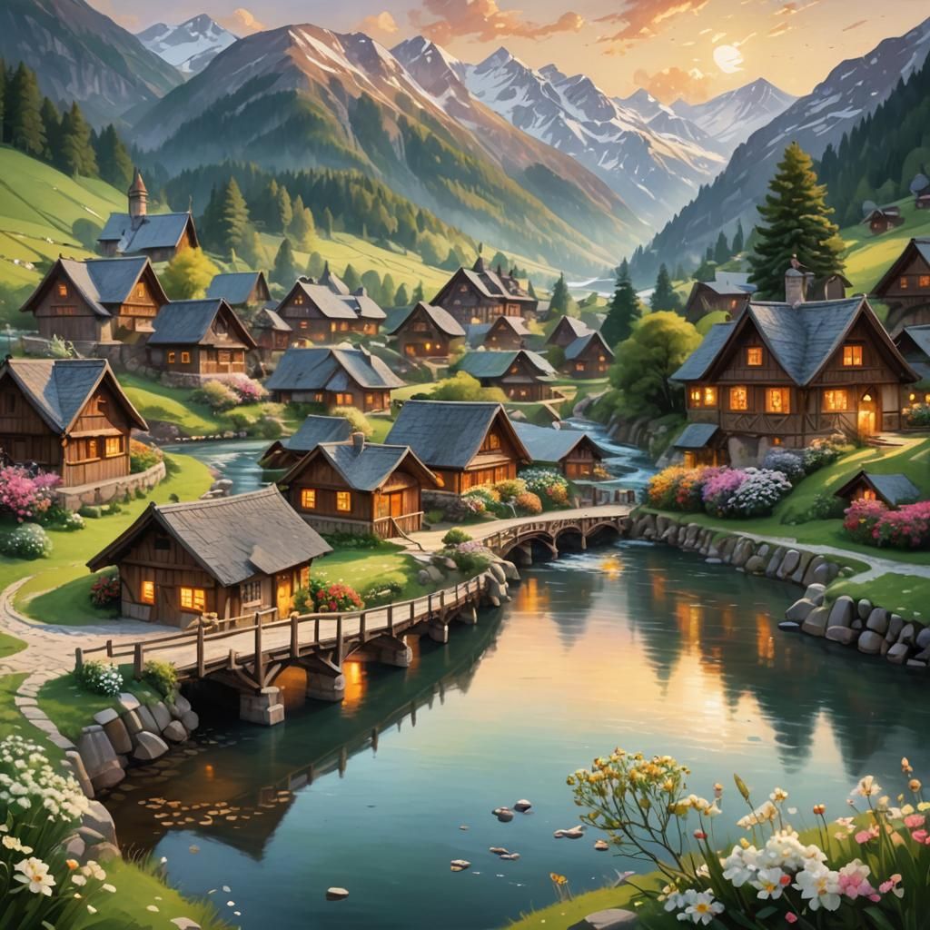 Idyllic Chalets and Stone Bridge in Dreamy Landscape