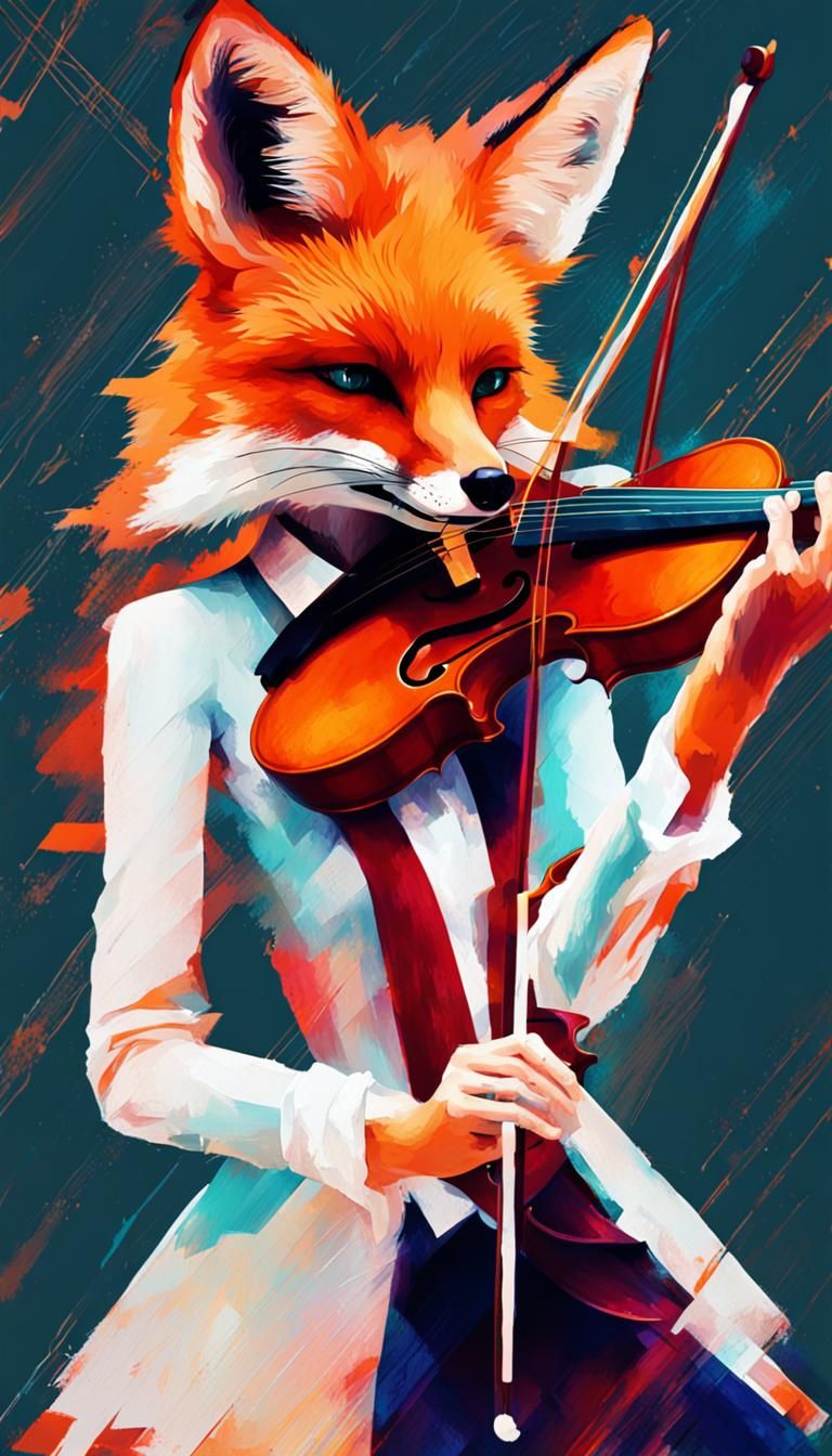 Digital Glitch Fox Girl Playing Violin