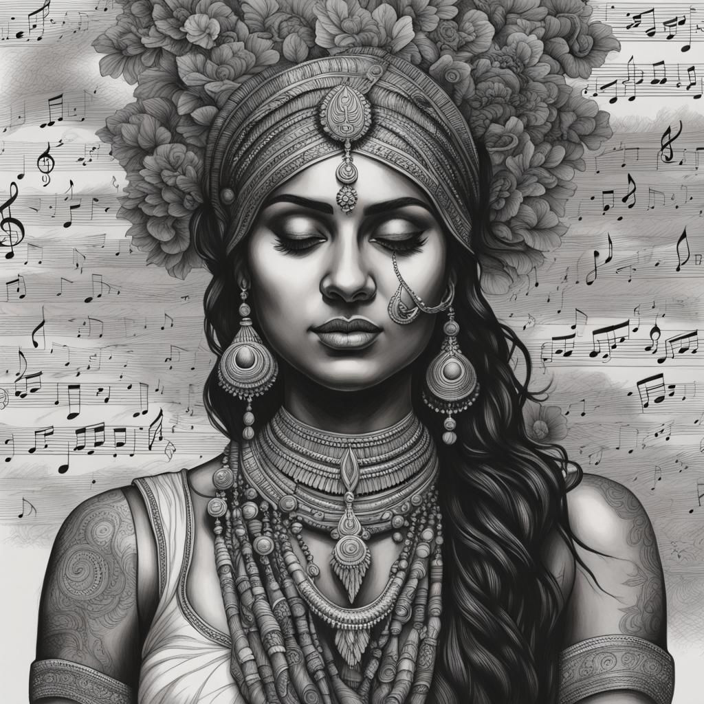 Indian Woman Surrounded by Musical Notes in Charcoal
