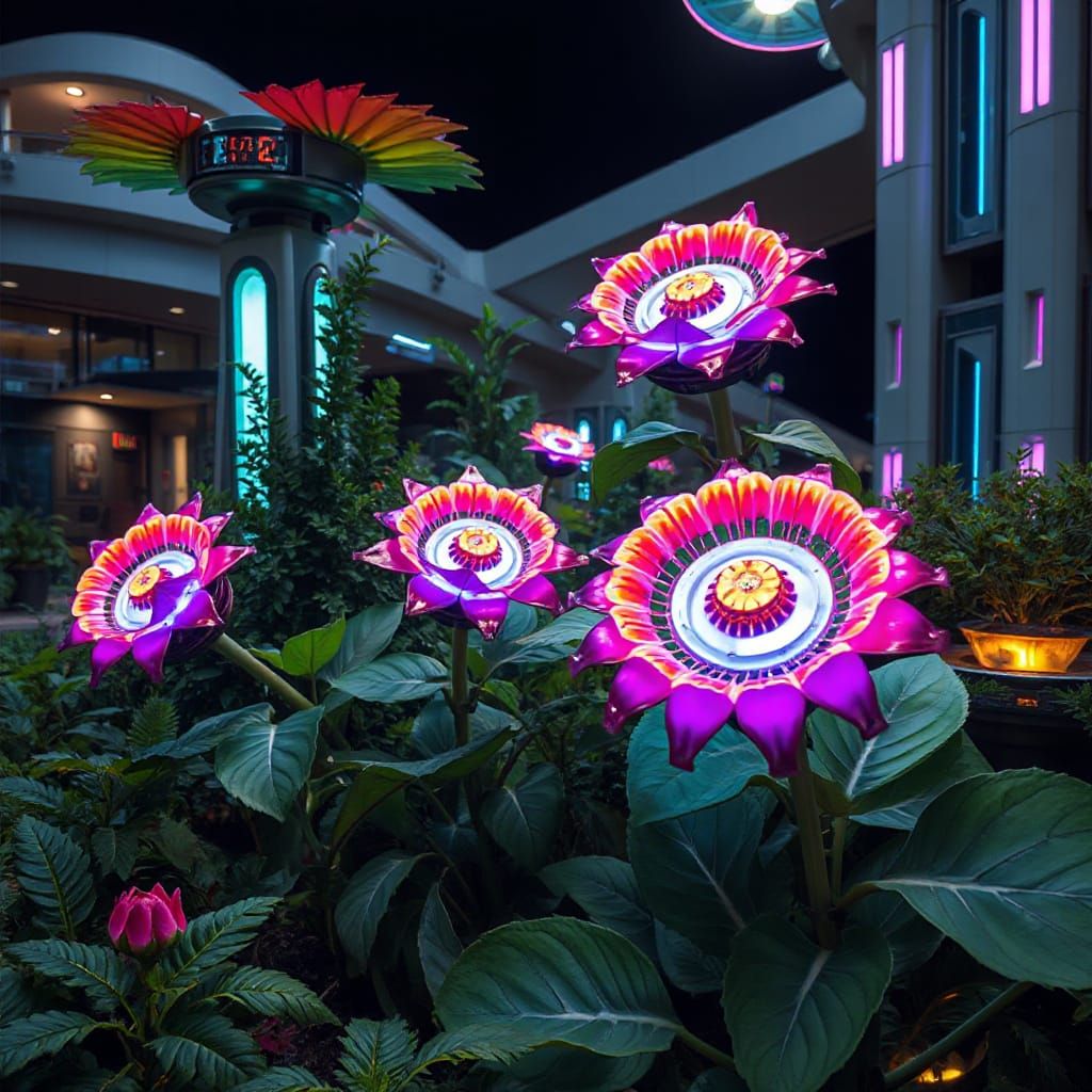 Vibrant Mechanical Flowers in Futuristic Sci-Fi Garden