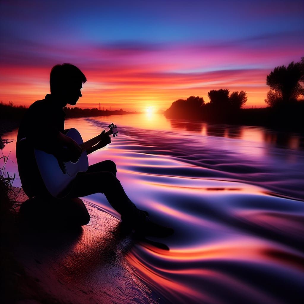 Sunset River Serenity: Guitar Silhouette in Vivid Colors
